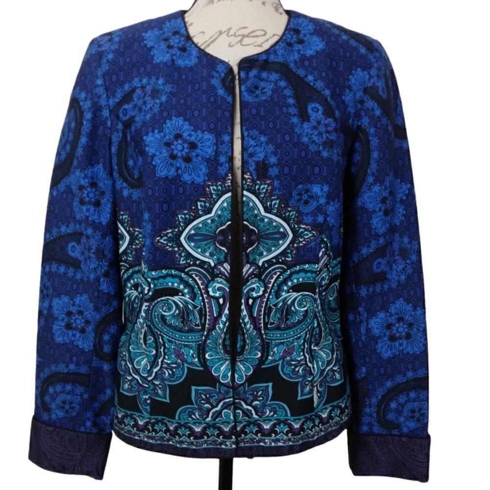 Coldwater Creek | Blue Green Paisley Print Open Front Lined Jacket | Size 10